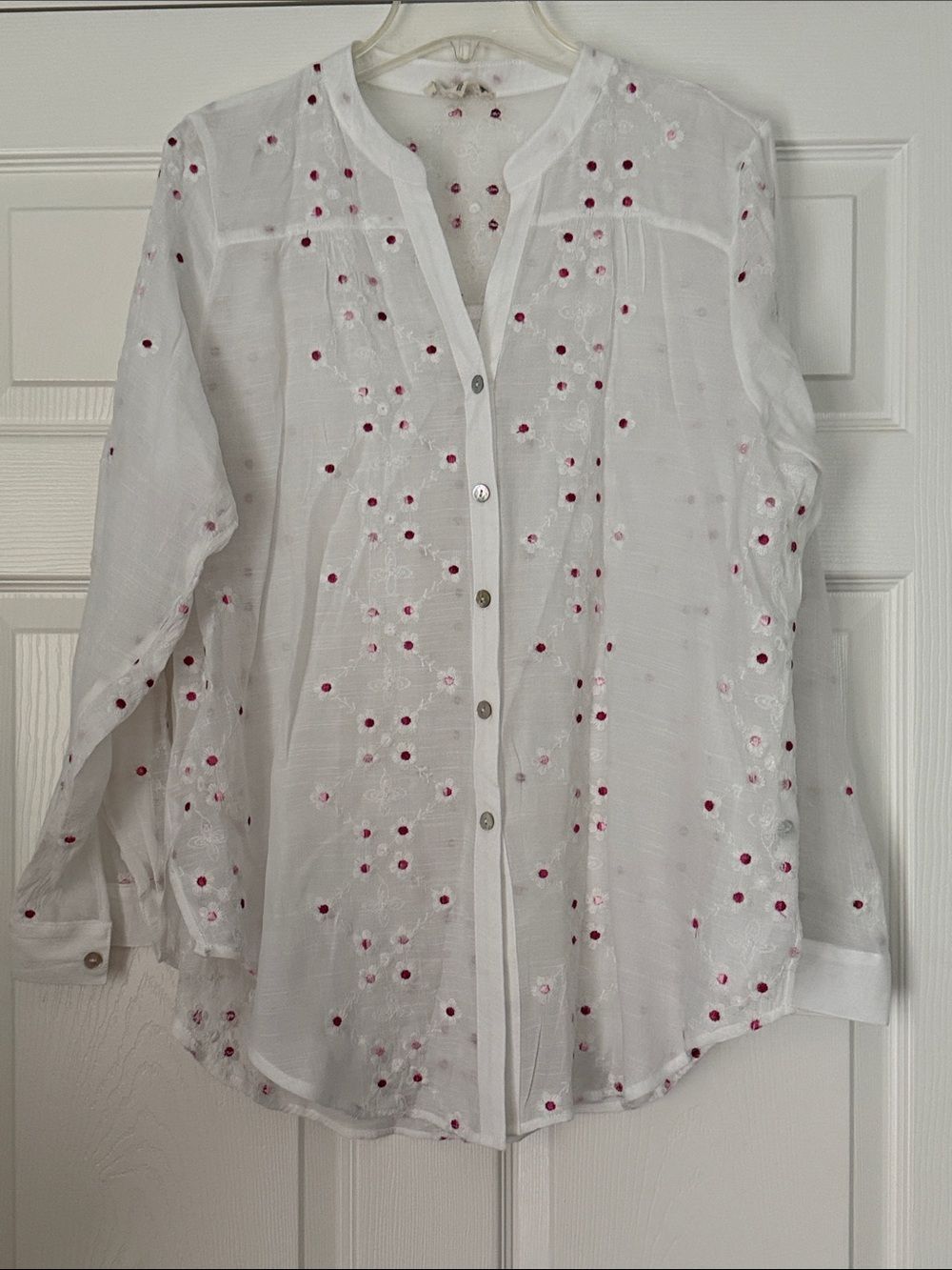 White Embroidered Button-Front Blouse with Red and Pink Floral Accents